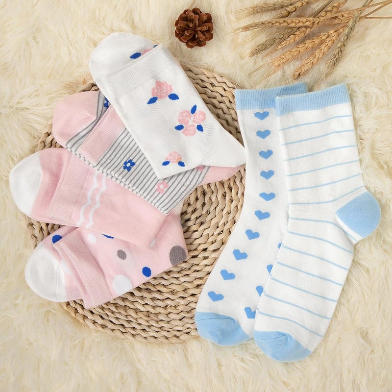 Socksfad Store 6 Pairs Cotton Crew Socks for Women, Breathable Novelty Funny Striped Dot Casual Cute Calf Socks Size 6-12 - Image 2